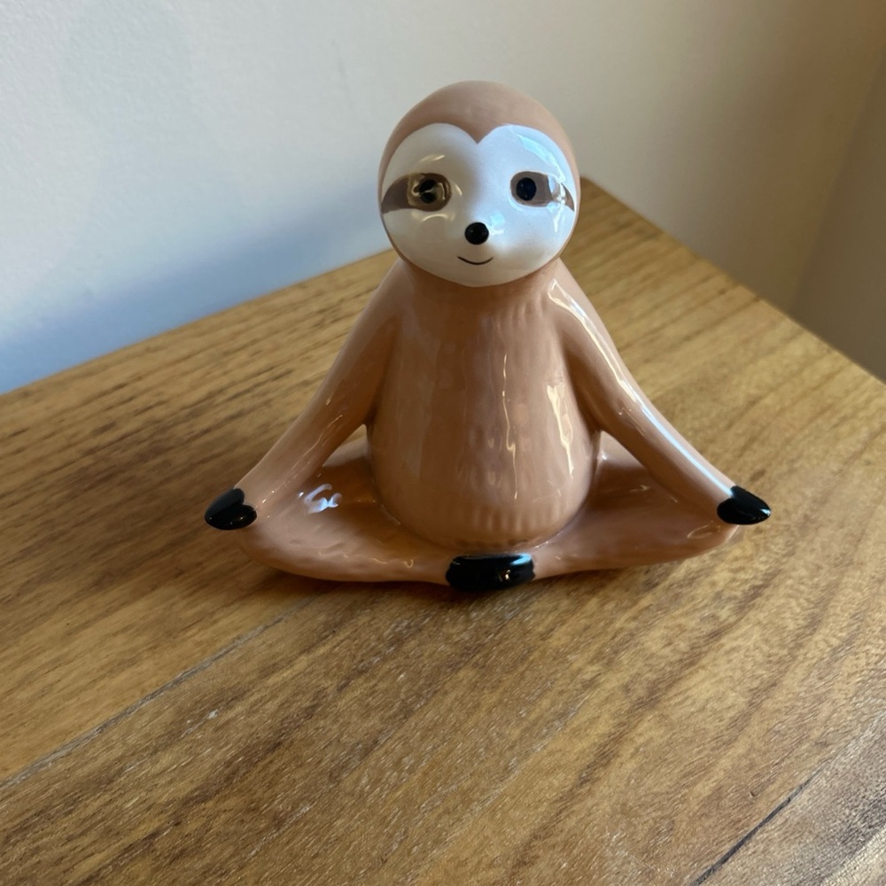 Glossy Brown Ceramic Meditating Sloth Figurine Decorative Accent, Zen